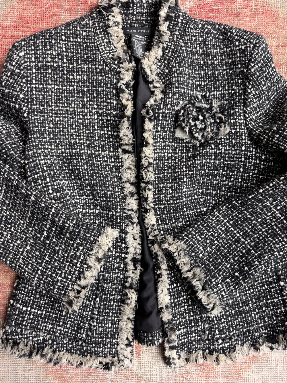 Coquette Black and Cream Tweed Fringed Jacket with Floral Brooch